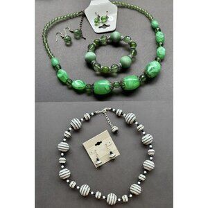 2 Jewelry Set - Green & Black Grey Ball Bead Necklace Earrings And Bracelet